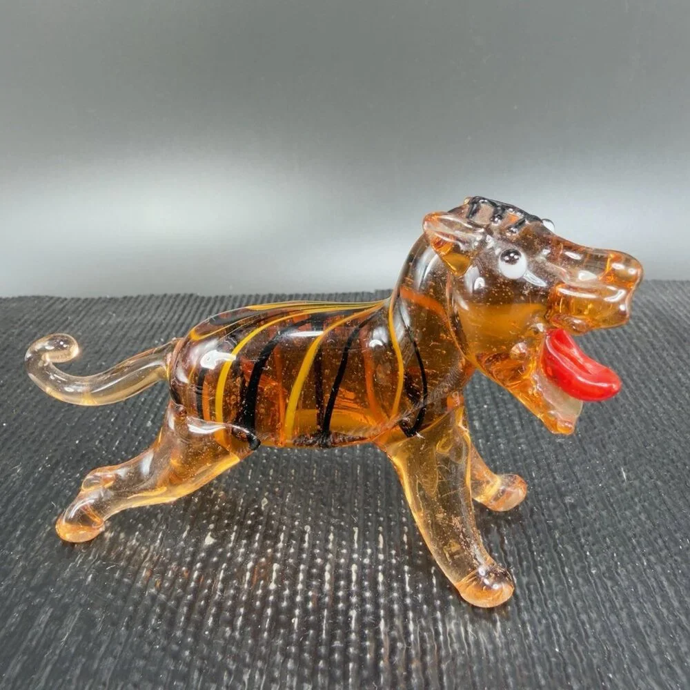 Vintage Czech Republic Hand Made Art Glass Figurine Tiger Lion Hand Blown Glass